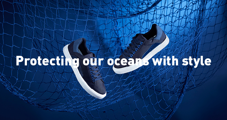 Banner copy: protecting our oceans with style.
Pair of trainers in background